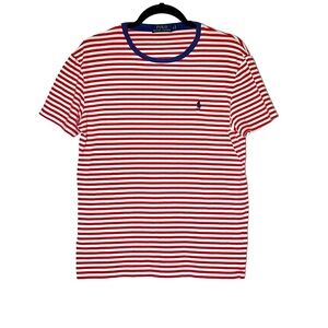 Polo Ralph Lauren Red & White Striped Crewneck Shirt w/ Blue Collar Trim, Small